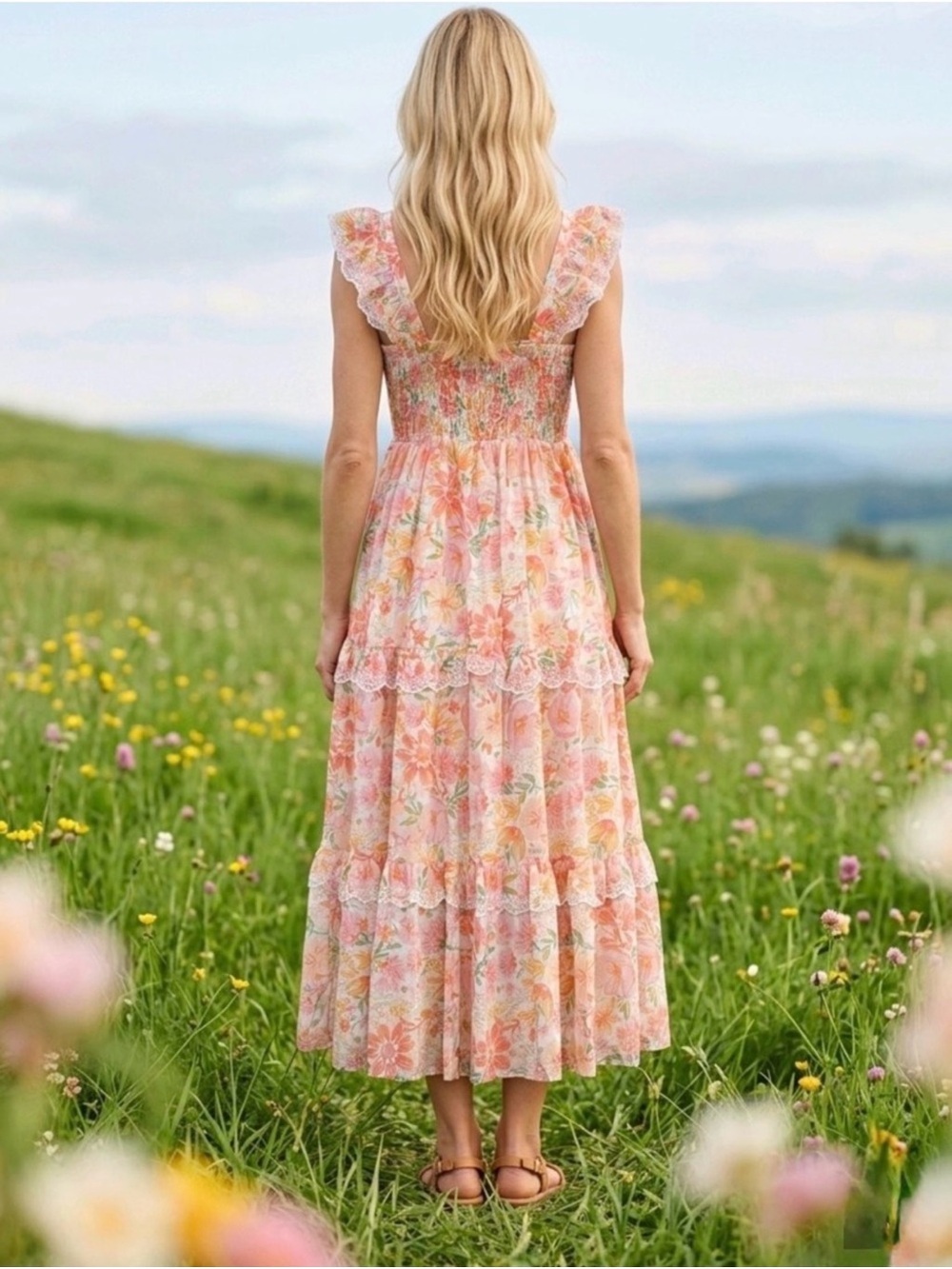 Haute Hippie Pink Floral Tiered Smocked Bodice Maxi Dress size 12 - Picture 4 of 13